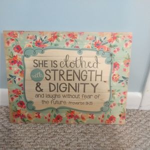 Wooden proverbs 31:25. Decor Christian floral sign